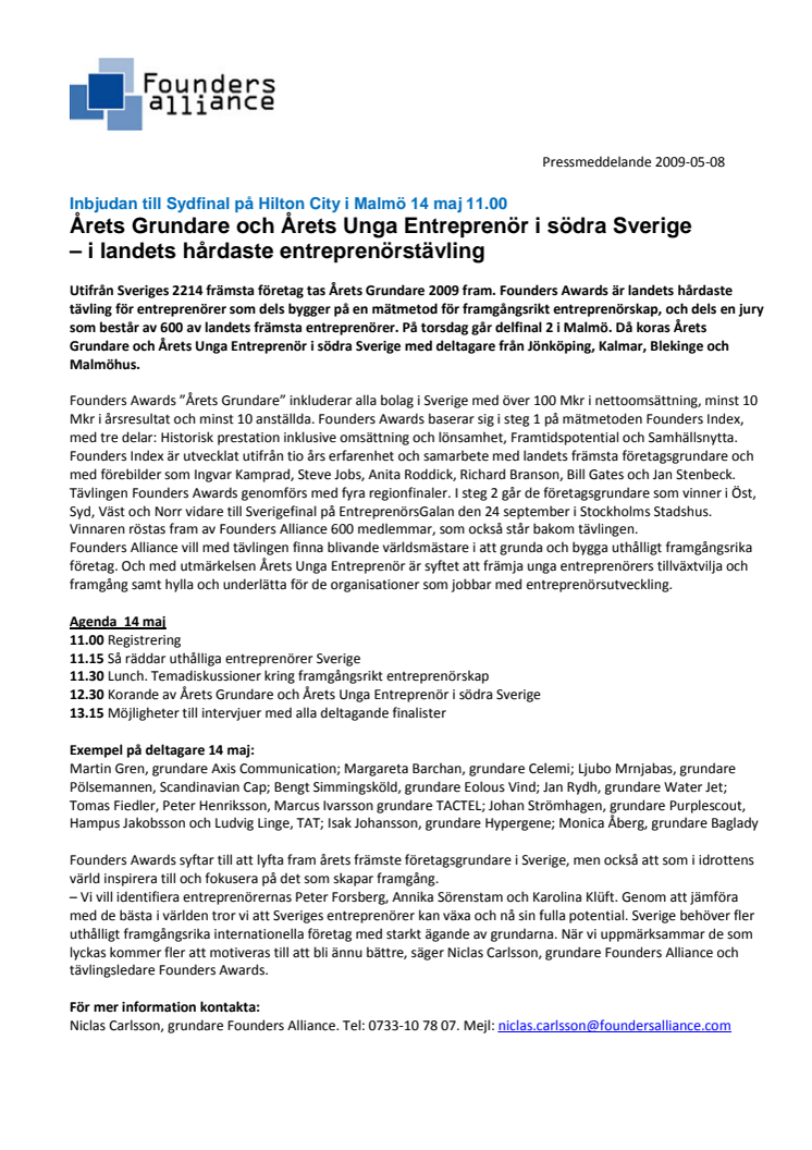 Pressinbjudan till Sydfinal på Hilton City i Malmö 14 maj 11.00