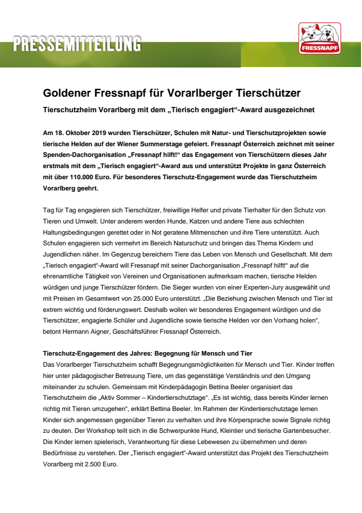 Goldener Fressnapf für Vorarlberger Tierschutzheim