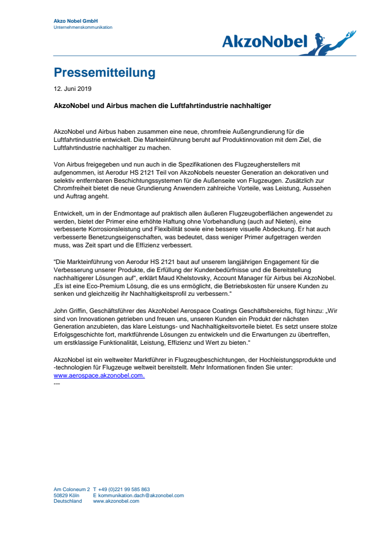 AkzoNobel und Airbus machen die Luftfahrtindustrie nachhaltiger