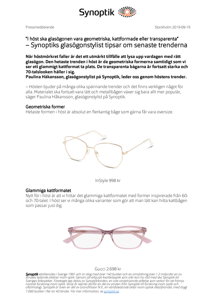 ”I höst ska glasögonen vara geometriska, kattformade eller transparenta”  – Synoptiks glasögonstylist tipsar om senaste trenderna