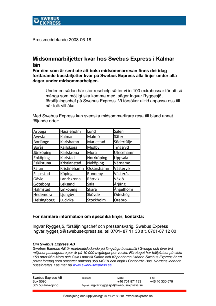 Midsommarbiljetter kvar hos Swebus Express i Kalmar län