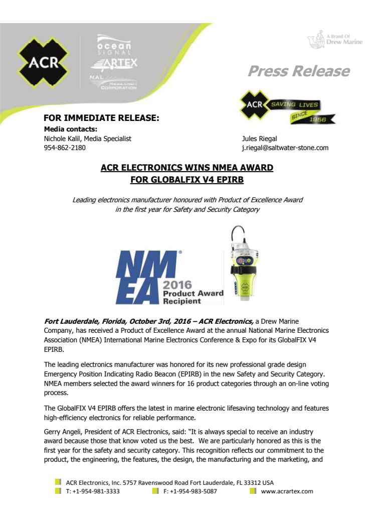 ACR Electronics: ACR Electronics Wins NMEA Award for GlobalFIX V4 EPIRB