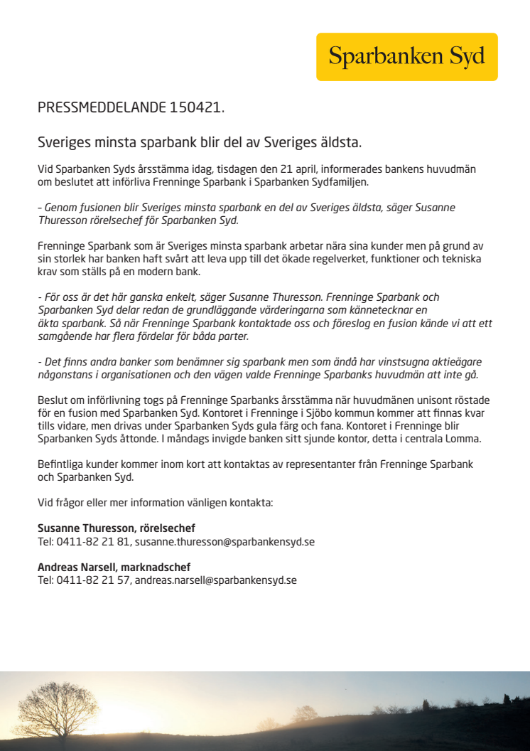 Sveriges minsta sparbank blir del av Sveriges äldsta