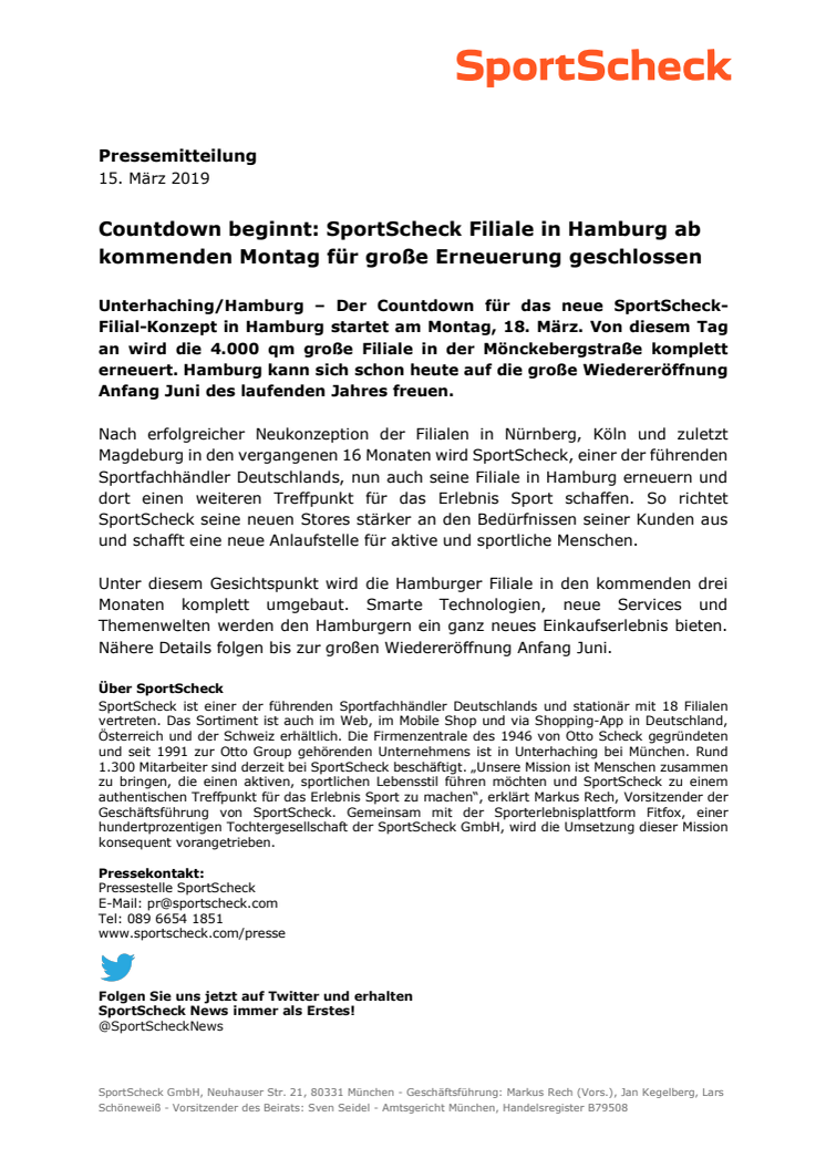  Countdown beginnt: SportScheck Filiale in Hamburg ab kommenden Montag für große Erneuerung geschlossen 
