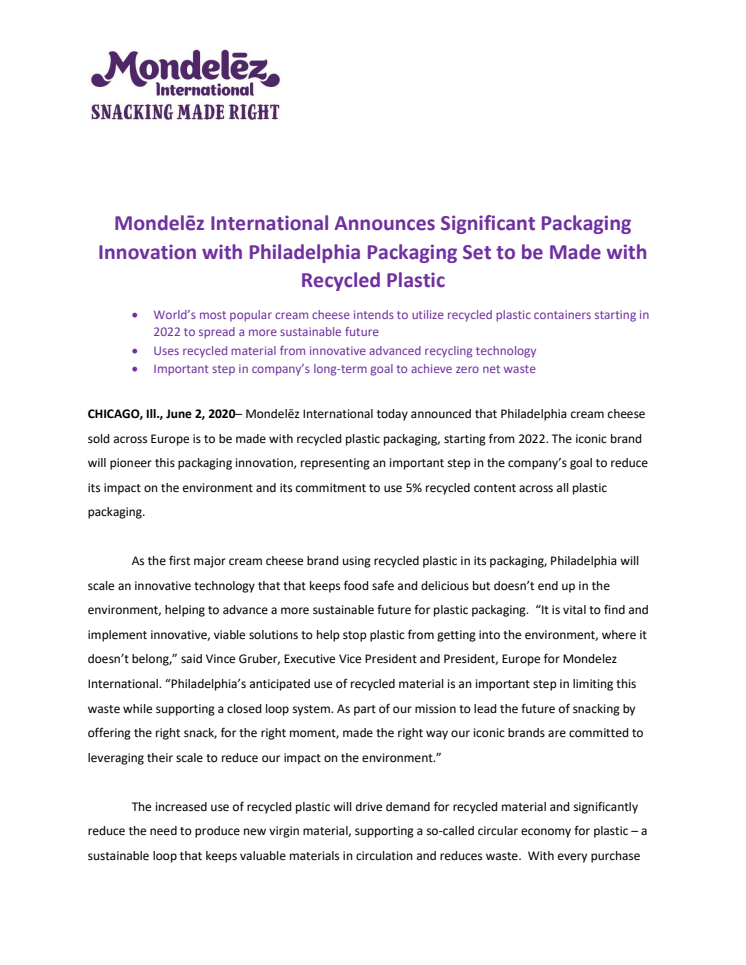 Mondelēz International Announces Significant Packaging Innovation with Philadelphia Packaging Set to be Made with Recycled Plastic