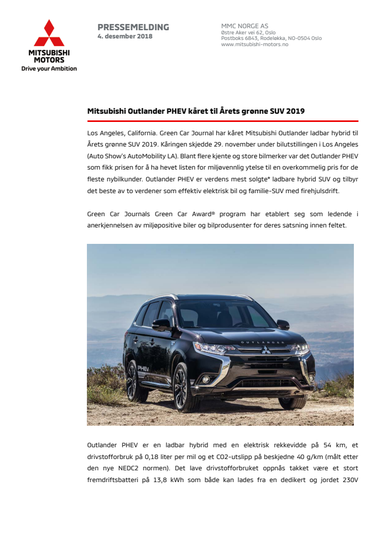 Mitsubishi Outlander PHEV kåret til Årets grønne SUV 2019