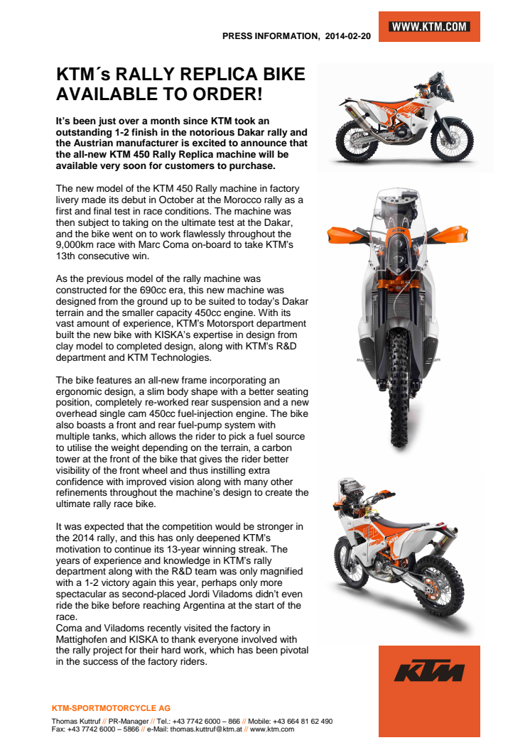 KTM´s RALLY REPLICA BIKE AVAILABLE TO ORDER!