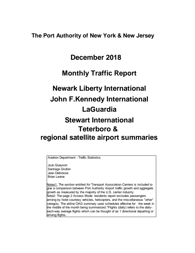 US Port Authority 12 months to December 2018 Traffic report