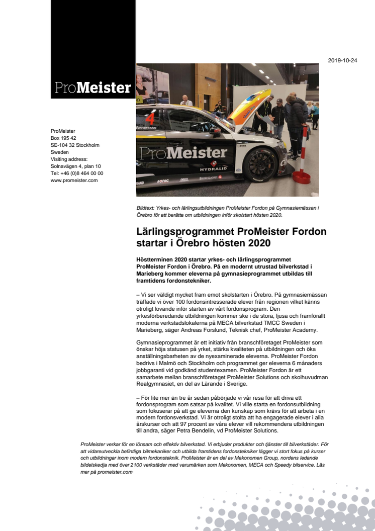 Lärlingsprogrammet ProMeister Fordon startar i Örebro hösten 2020