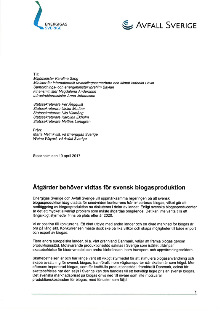 Brev till berörda statsråd om åtgärder för att rädda svensk biogasproduktion