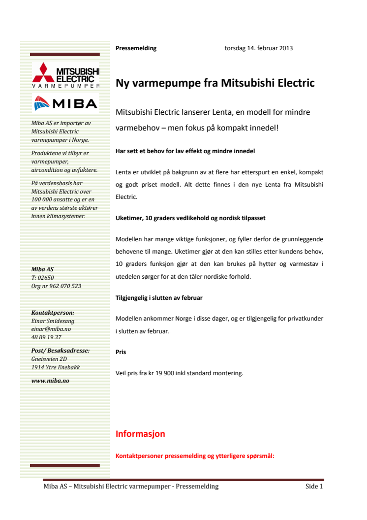 Lenta - ny varmepumpe fra Mitsubishi Electric