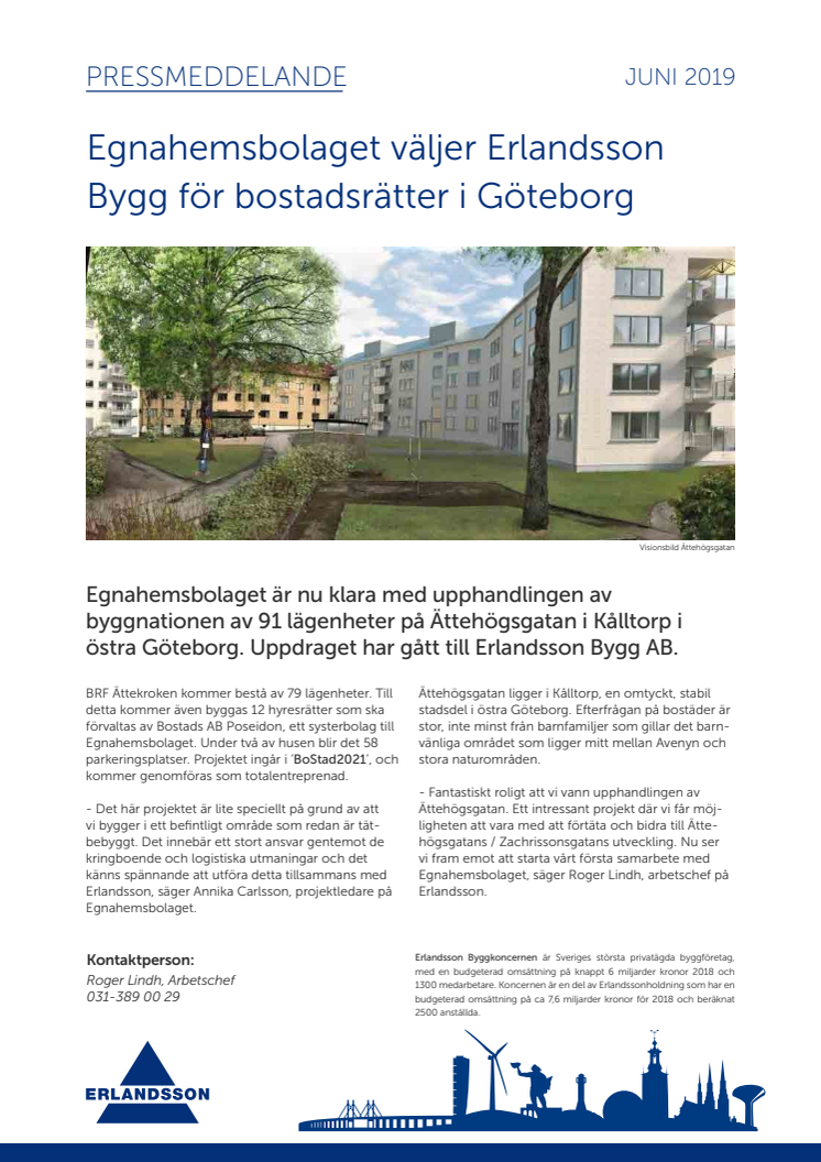 Egnahemsbolaget väljer Erlandsson Bygg för bostadsrätter i Göteborg