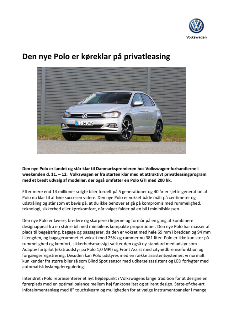 Den nye Polo er køreklar på privatleasing