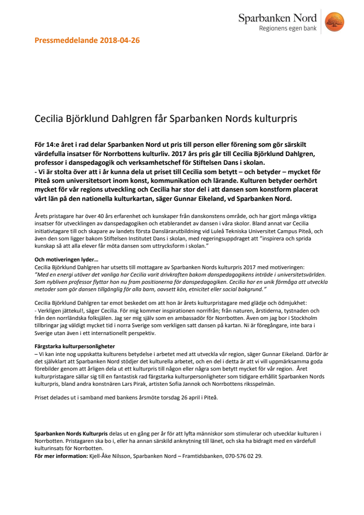 Cecilia Björklund Dahlgren får Sparbanken Nords kulturpris