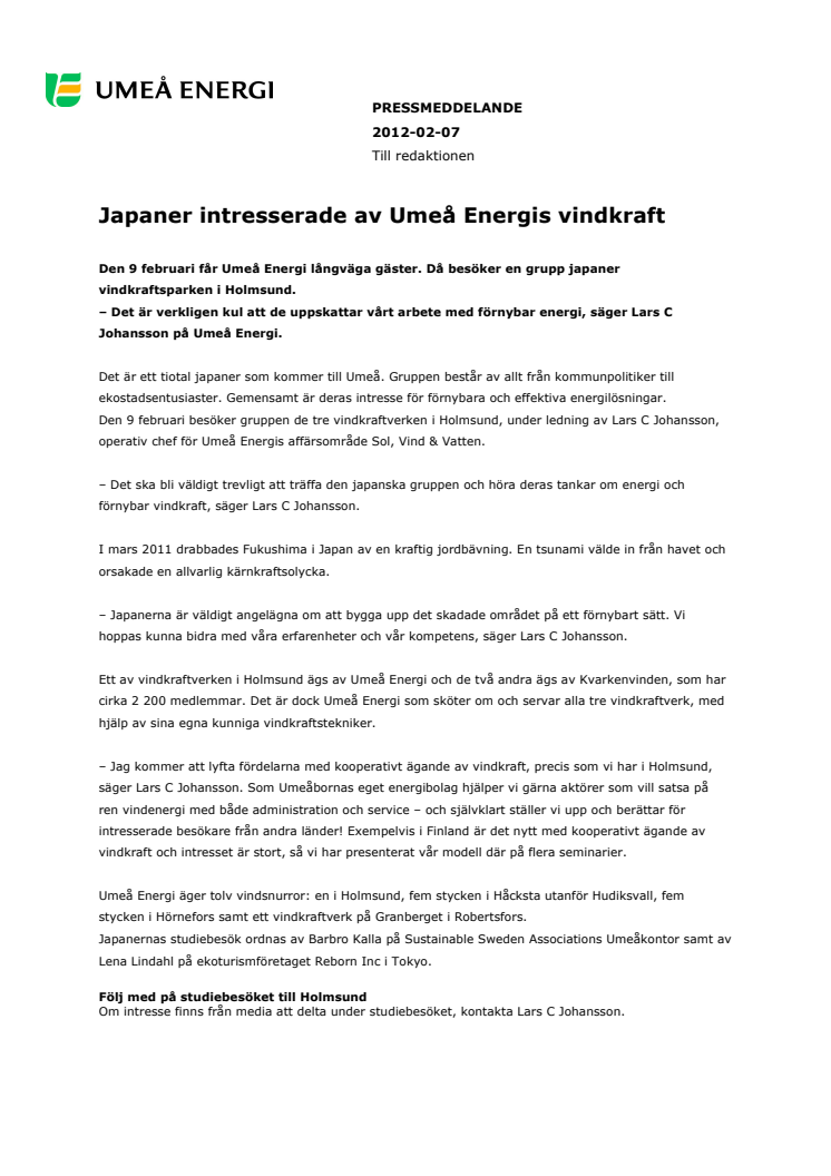Japaner intresserade av Umeå Energis vindkraft