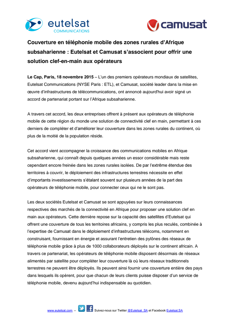 Couverture en téléphonie mobile des zones rurales d’Afrique subsaharienne : Eutelsat et Camusat s’associent pour offrir une solution clef-en-main aux opérateurs 