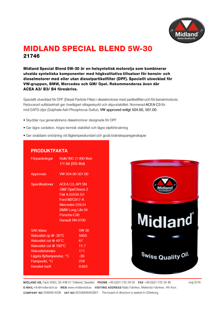 Volkswagen approval klart för Midland Special Blend 5W-30.