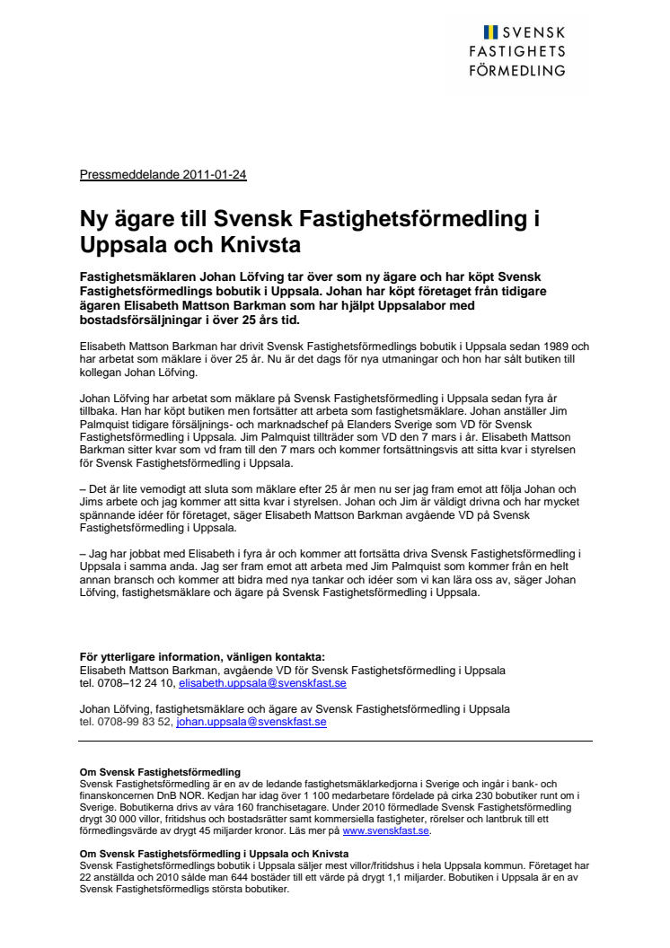 Ny ägare till Svensk Fastighetsförmedling i Uppsala och Knivsta