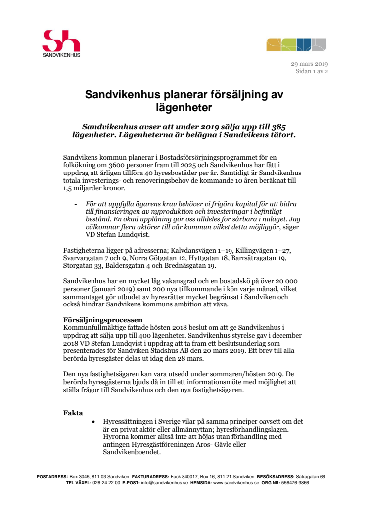 Sandvikenhus planerar försäljning av lägenheter