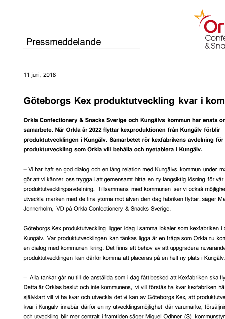 Göteborgs Kex produktutveckling kvar i kommunen