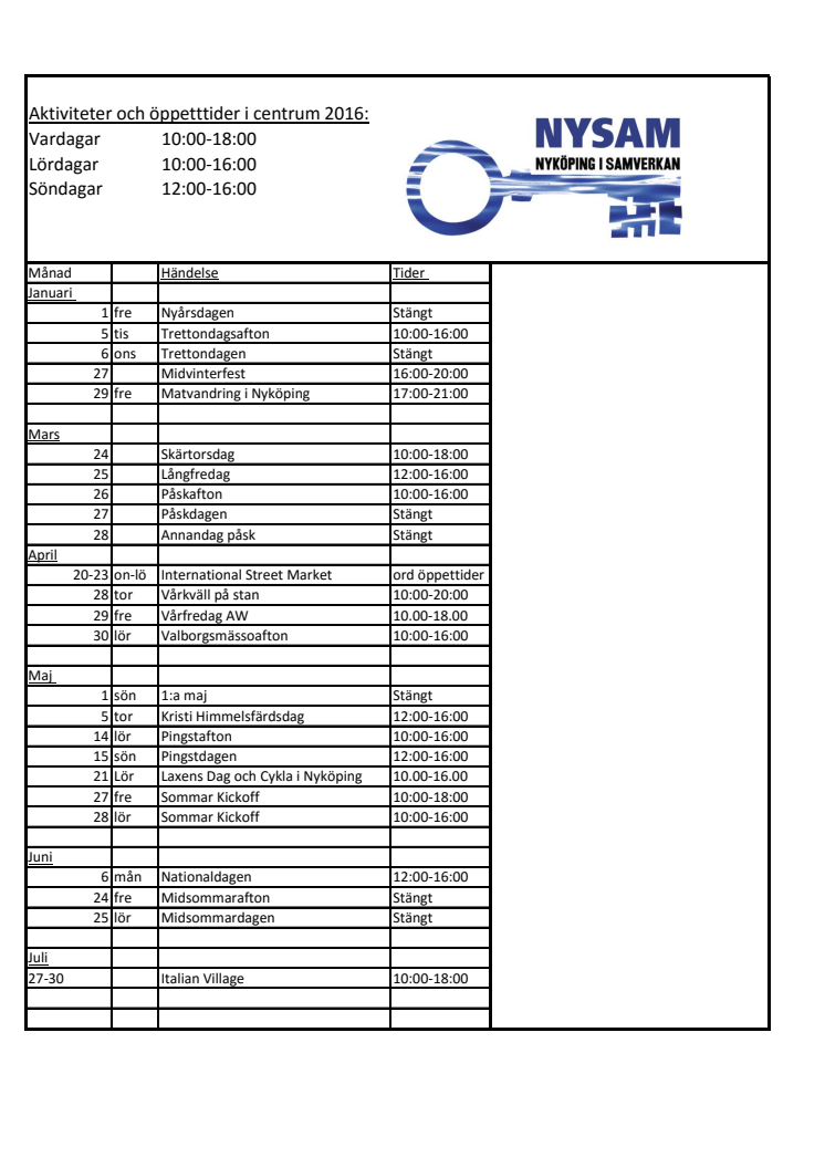 Aktiviteter och öppettider 2016