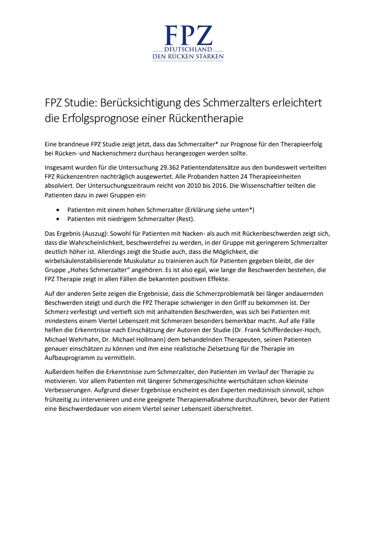 FPZ Studie: Berücksichtigung des Schmerzalters erleichtert die Erfolgsprognose einer Rückentherapie