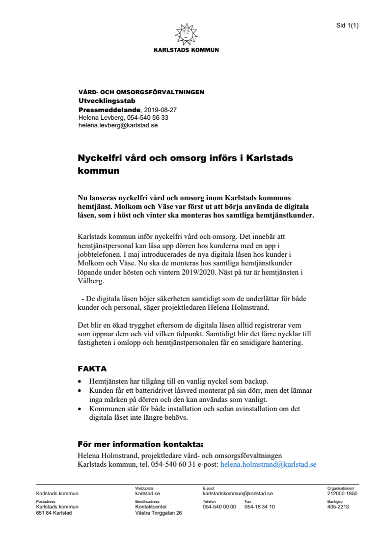 Nyckelfri vård och omsorg införs i Karlstads kommun