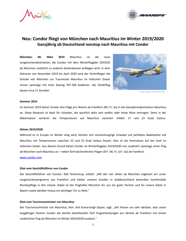 Neu: Condor fliegt von München nach Mauritius im Winter 2019/2020