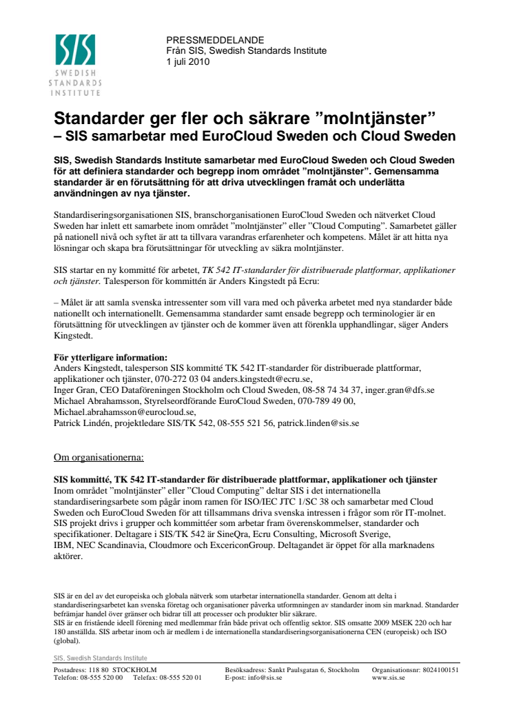 Standarder ger fler och säkrare ”molntjänster” – SIS samarbetar med EuroCloud Sweden och Cloud Sweden 