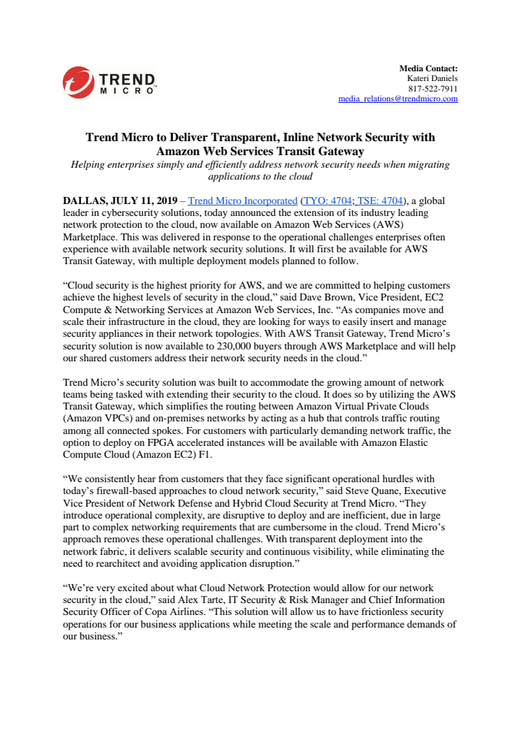 Trend Micro levererar molnsäkerhet exklusivt till Amazon Web Services Transit Gateway