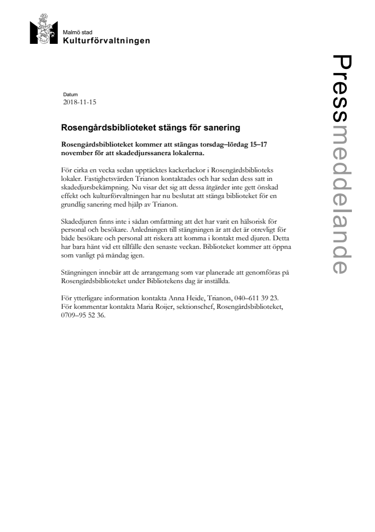 Rosengårdsbiblioteket stängs för sanering
