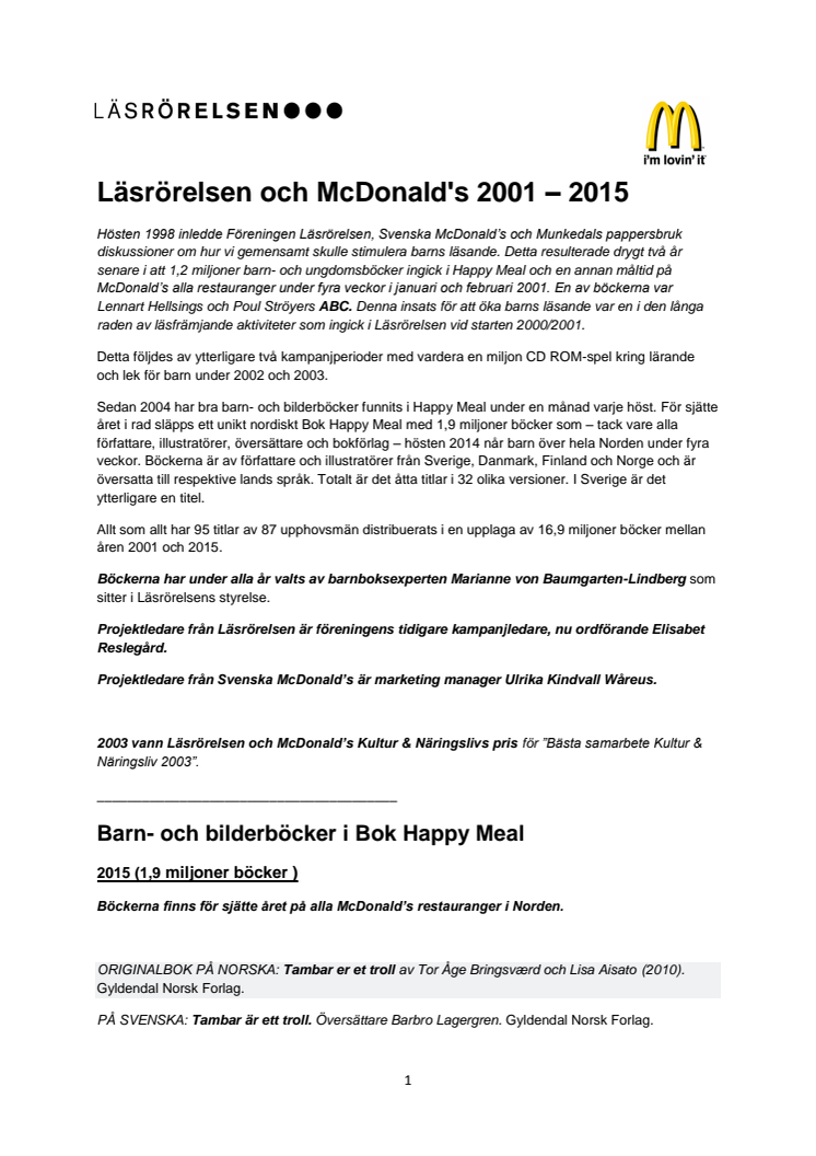 Läsrörelsen och McDonald's 2001 – 2015