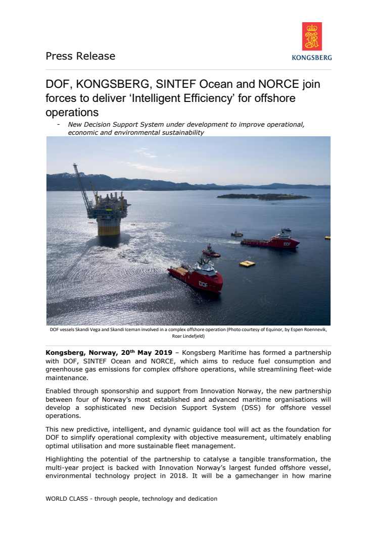 DOF, KONGSBERG, SINTEF Ocean and NORCE join forces to deliver ‘Intelligent Efficiency’ for offshore operations 