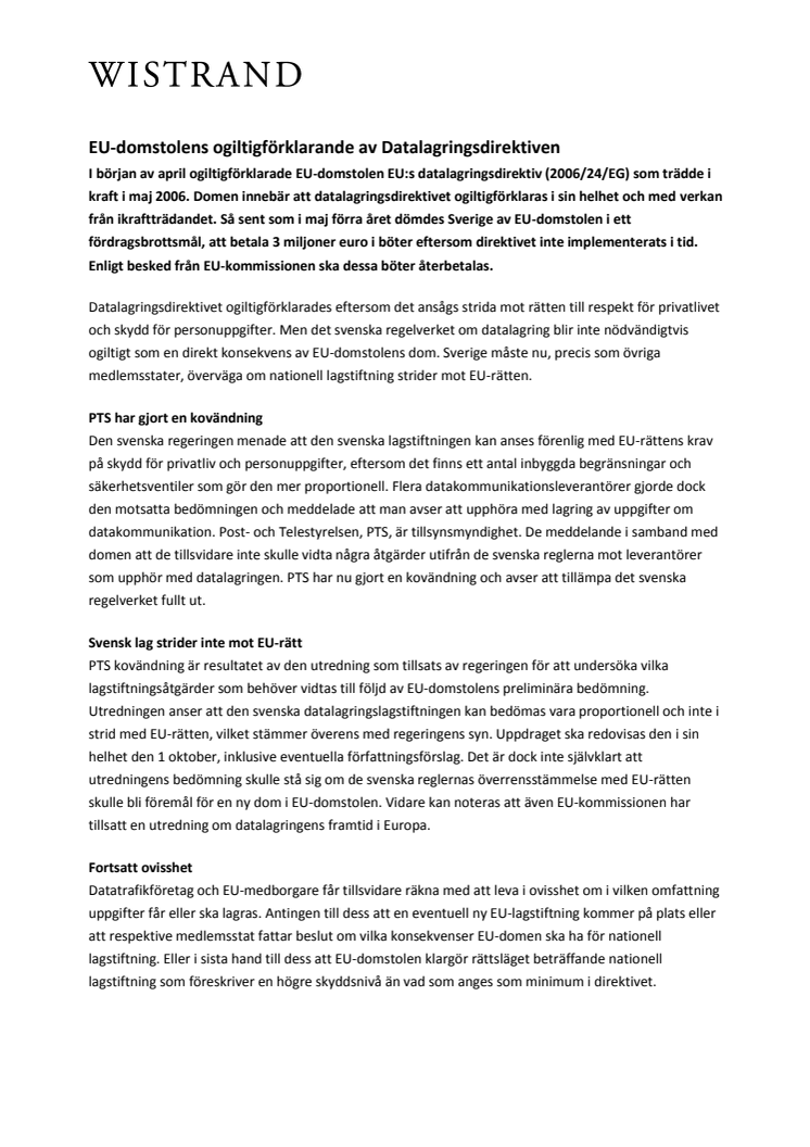 EU-domstolens ogiltigförklarande av Datalagringsdirektiven