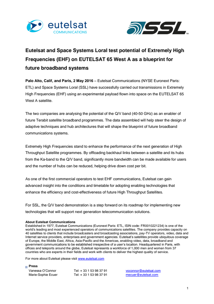 Eutelsat and Space Systems Loral test potential of Extremely High Frequencies (EHF) on EUTELSAT 65 West A as a blueprint for future broadband systems