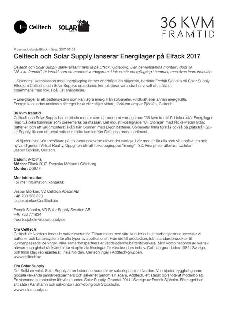 Celltech och Solar Supply lanserar Energilager på Elfack 2017