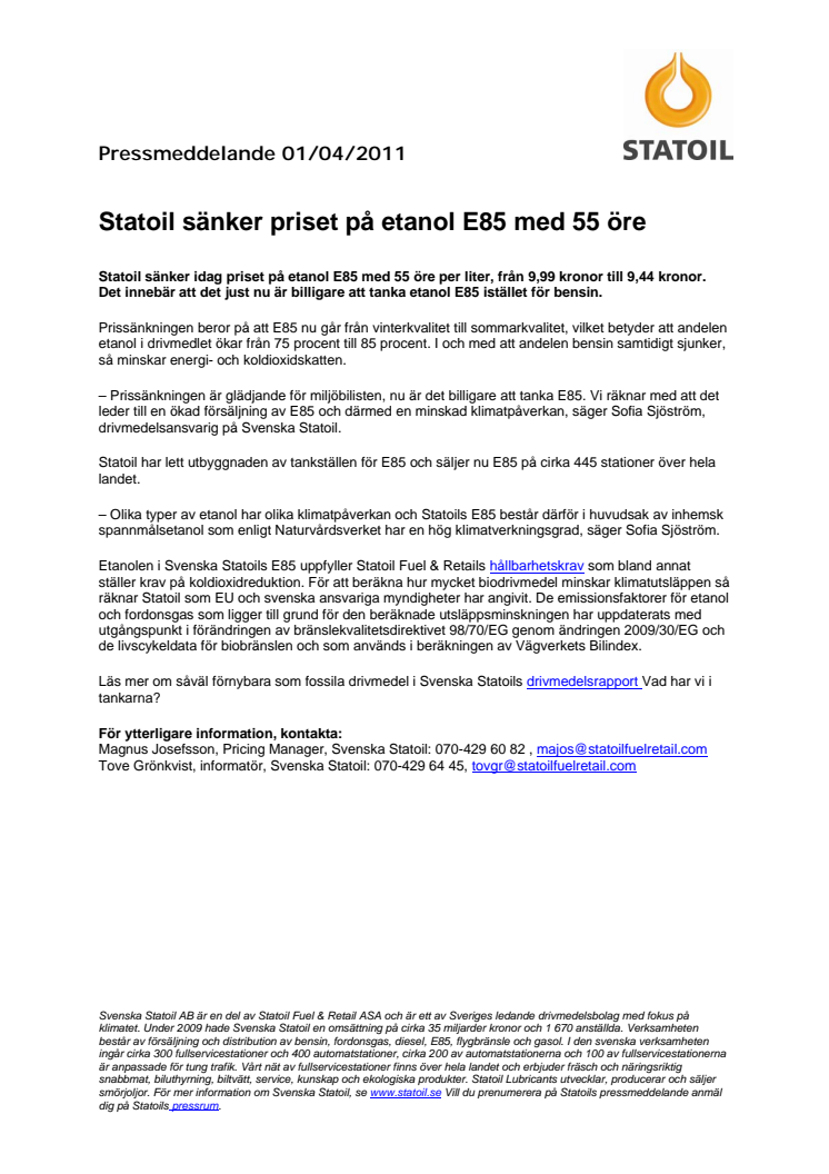 Statoil sänker priset på etanol E85 med 55 öre 