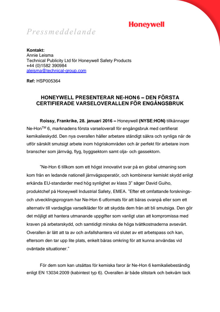 Honeywell presenterar Ne-Hon 6 – den första certifierade varseloverallen för engångsbruk