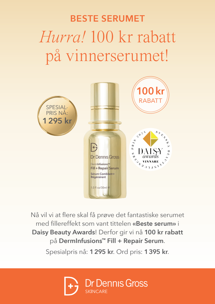 BESTE SERUMET: 100 kr rabatt på vinnerserumet DermInfusions Fill + Repair Serum