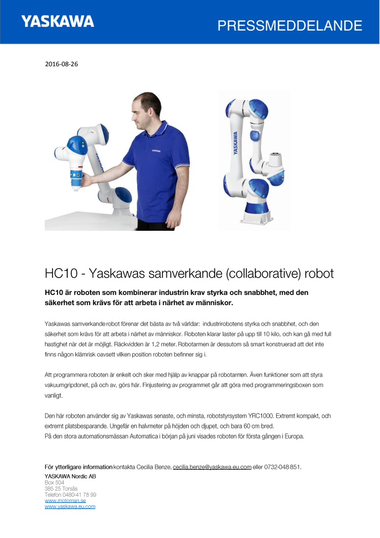 HC10 - Yaskawas samverkande (collaborative) robot