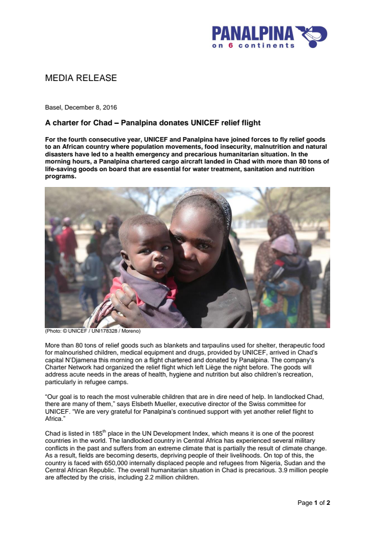 A charter for Chad – Panalpina donates UNICEF relief flight