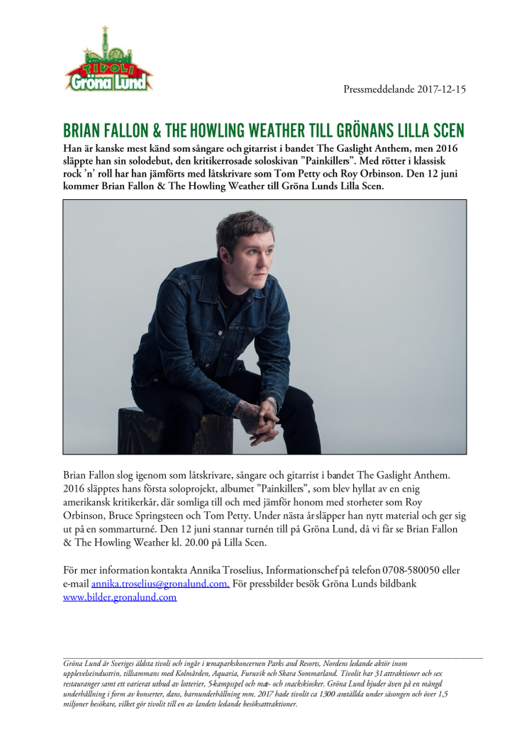 Brian Fallon & The Howling Weather till Grönans Lilla Scen