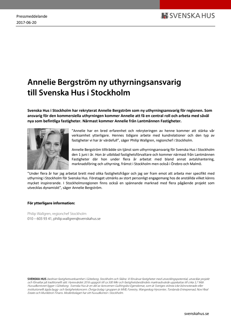 Annelie Bergström ny uthyrningsansvarig  till Svenska Hus i Stockholm
