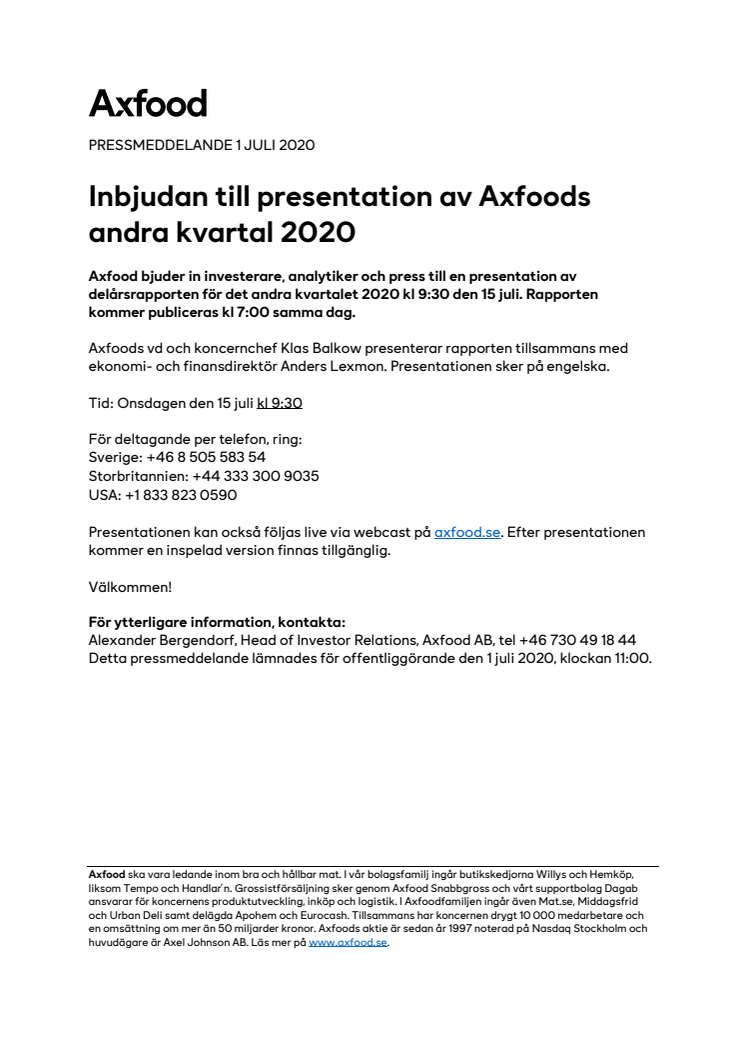 Inbjudan till presentation av Axfoods andra kvartal 2020