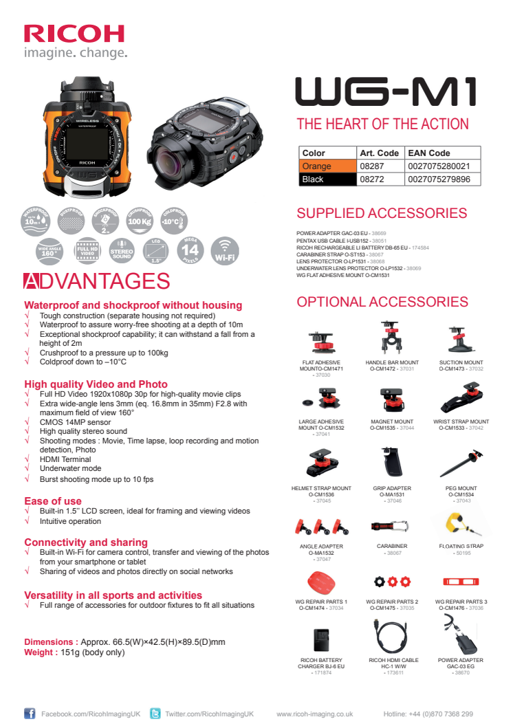 Ricoh WG-1M action-kamera specifikationer