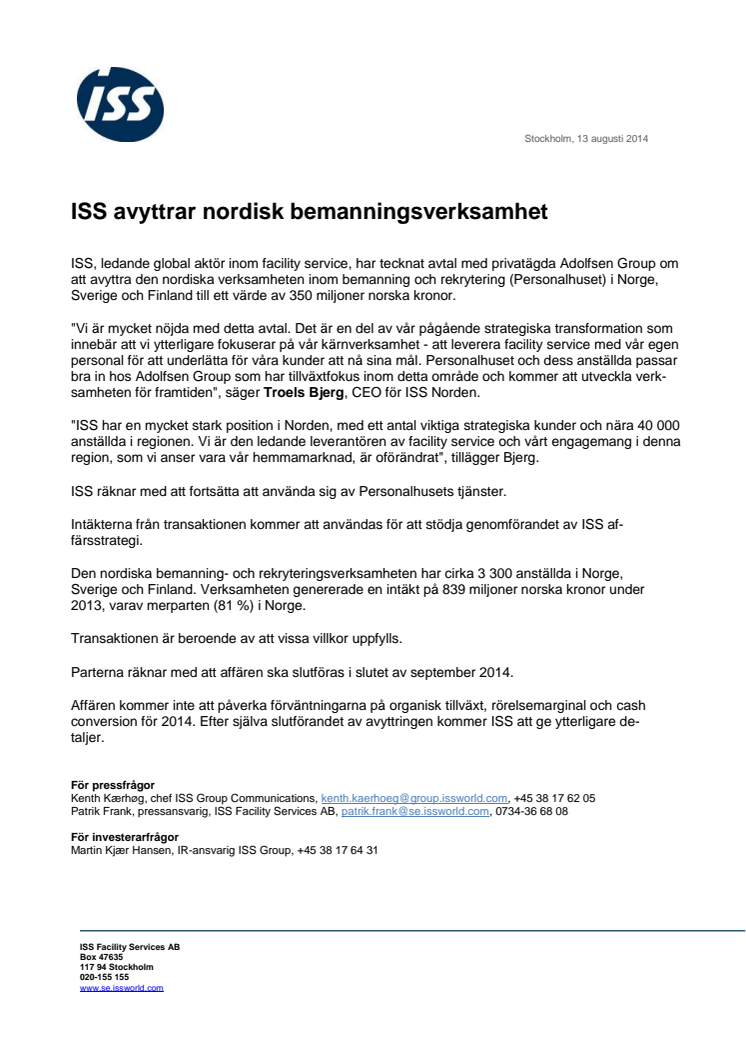 ISS avyttrar nordisk bemanningsverksamhet 