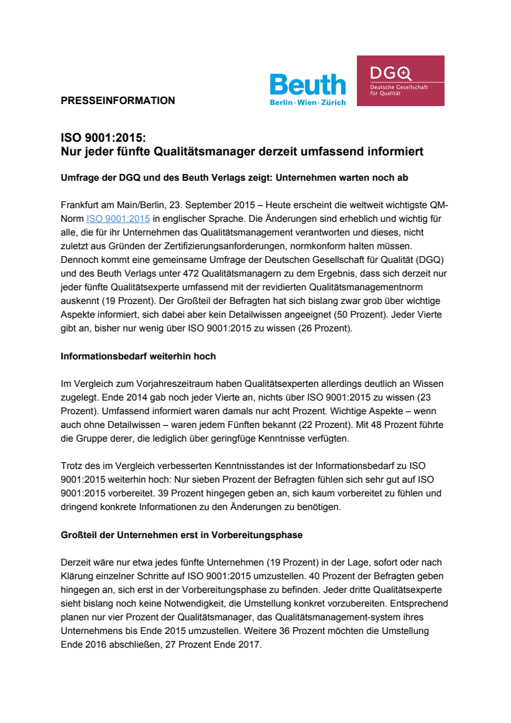 ISO 9001:2015: Nur jeder fünfte Qualitätsmanager derzeit umfassend informiert 