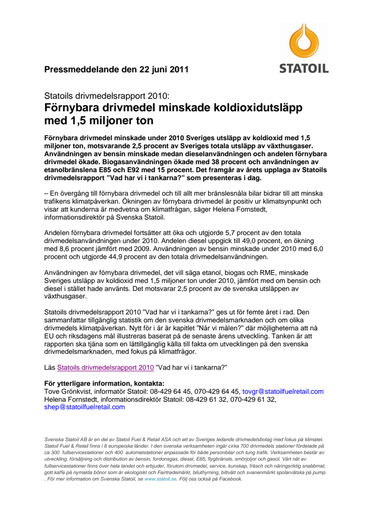 Statoils drivmedelsrapport 2010: Förnybara drivmedel minskade koldioxidutsläpp med 1,5 miljoner ton