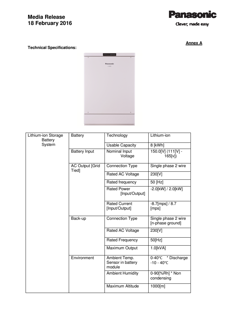Annex A- Technical Specifications Home Storage Battery System