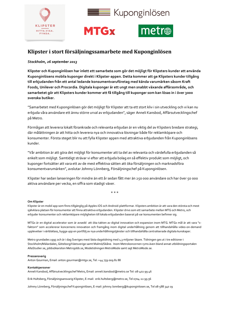 Klipster i stort försäljningssamarbete med Kuponginlösen 